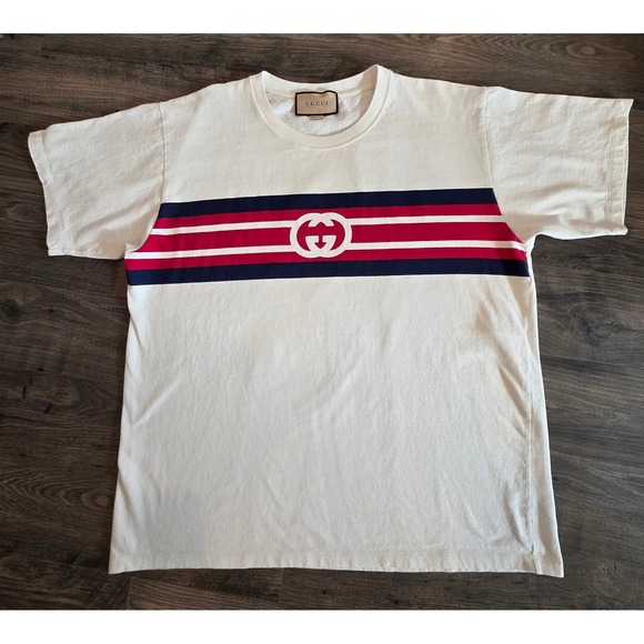 Gucci Other - Gucci Off White Red Blue Stripe Logo T Shirt Men's sz L Made in Italy Luxury
